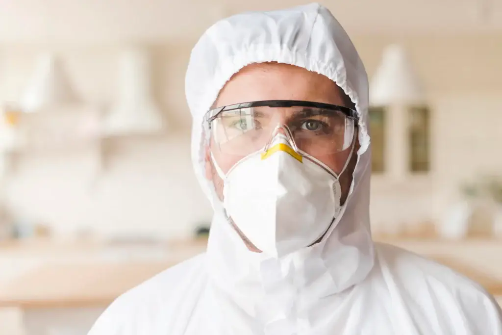 front view man wearing hazmat suit