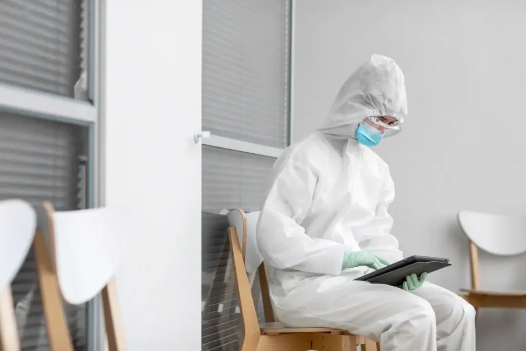 person protective suit looking tablet